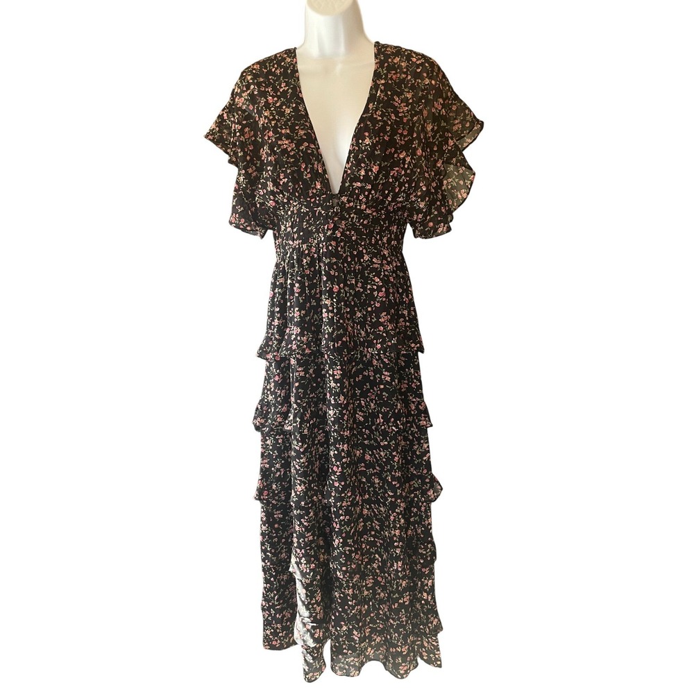 Petal + Pup Wendi Dark Floral Fairy Maxi Dress Whimsigoth Tiered Ruffle S Boho